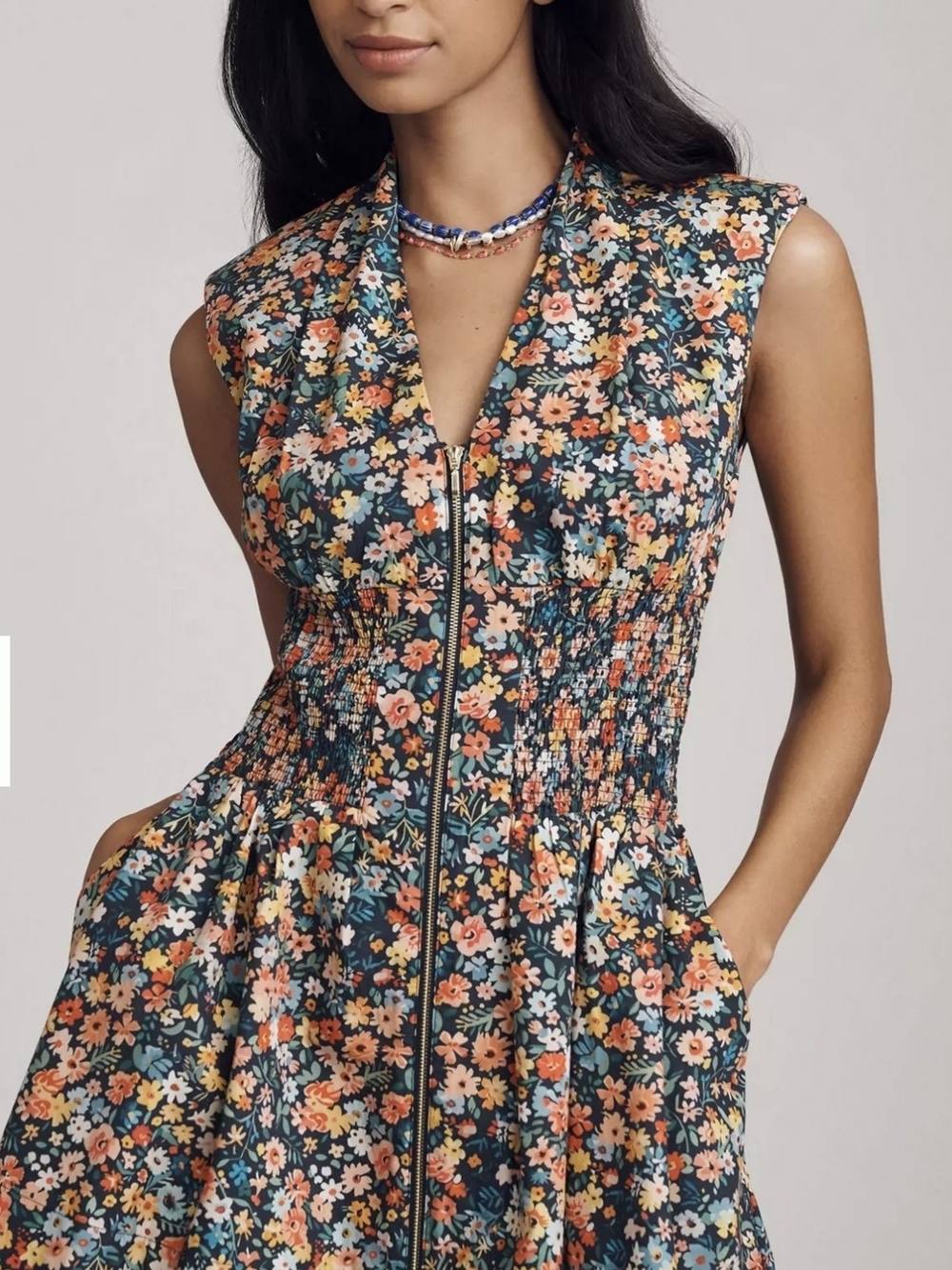 Maeve Navy Multi Floral Zip-Front Mini Dress